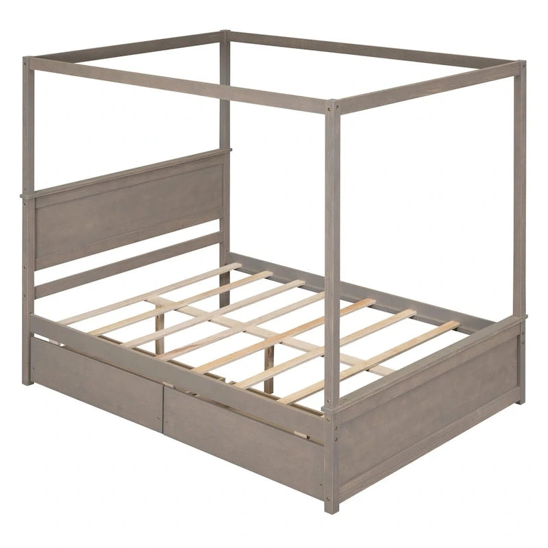 Full Size Wood Canopy Platform bed With Two Drawers