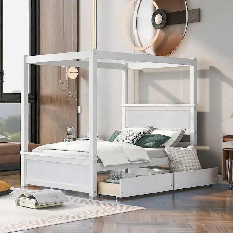 Full Size Wood Canopy Platform bed With Two Drawers