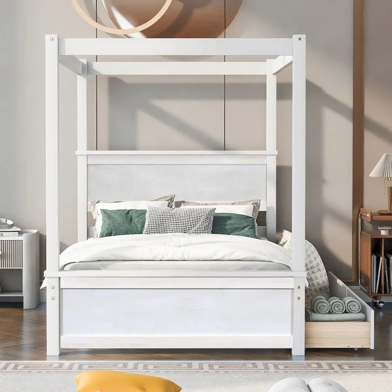 Full Size Wood Canopy Platform bed With Two Drawers