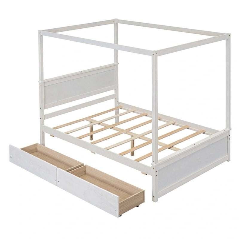 Full Size Wood Canopy Platform bed With Two Drawers