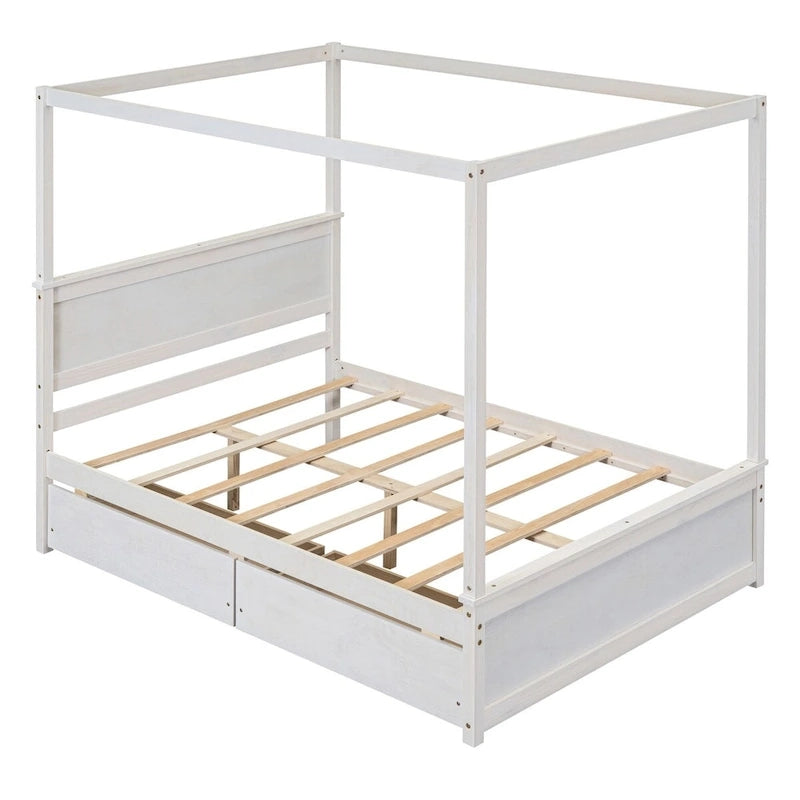 Full Size Wood Canopy Platform bed With Two Drawers