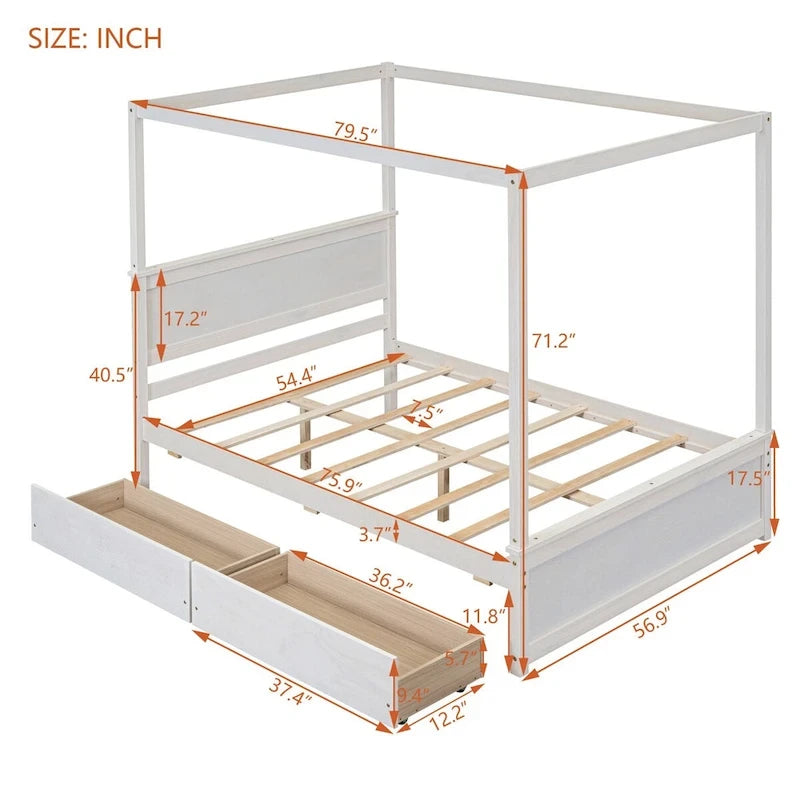 Full Size Wood Canopy Platform bed With Two Drawers