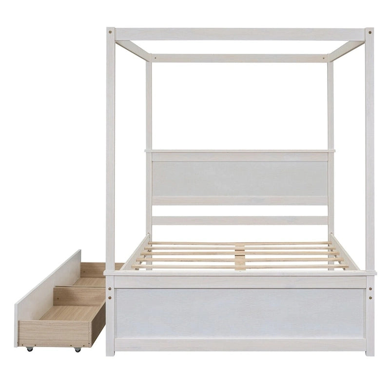 Full Size Wood Canopy Platform bed With Two Drawers