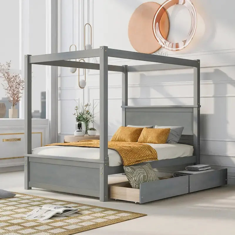 Full Size Wood Canopy Platform bed With Two Drawers