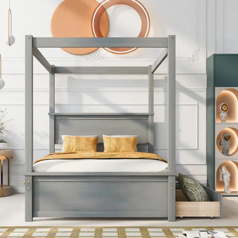 Full Size Wood Canopy Platform bed With Two Drawers