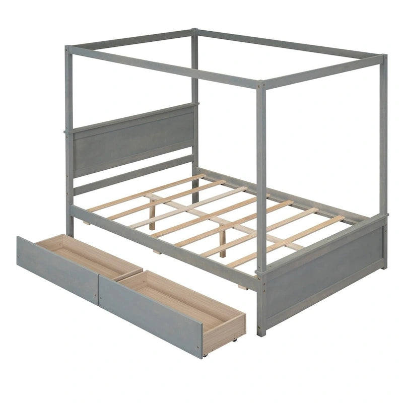 Full Size Wood Canopy Platform bed With Two Drawers