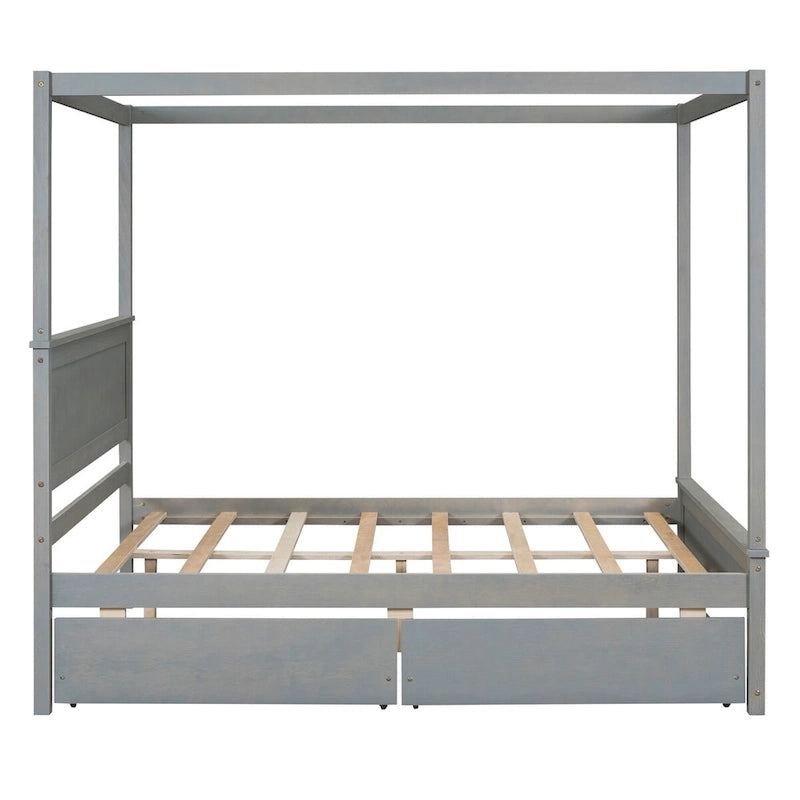 Full Size Wood Canopy Platform bed With Two Drawers