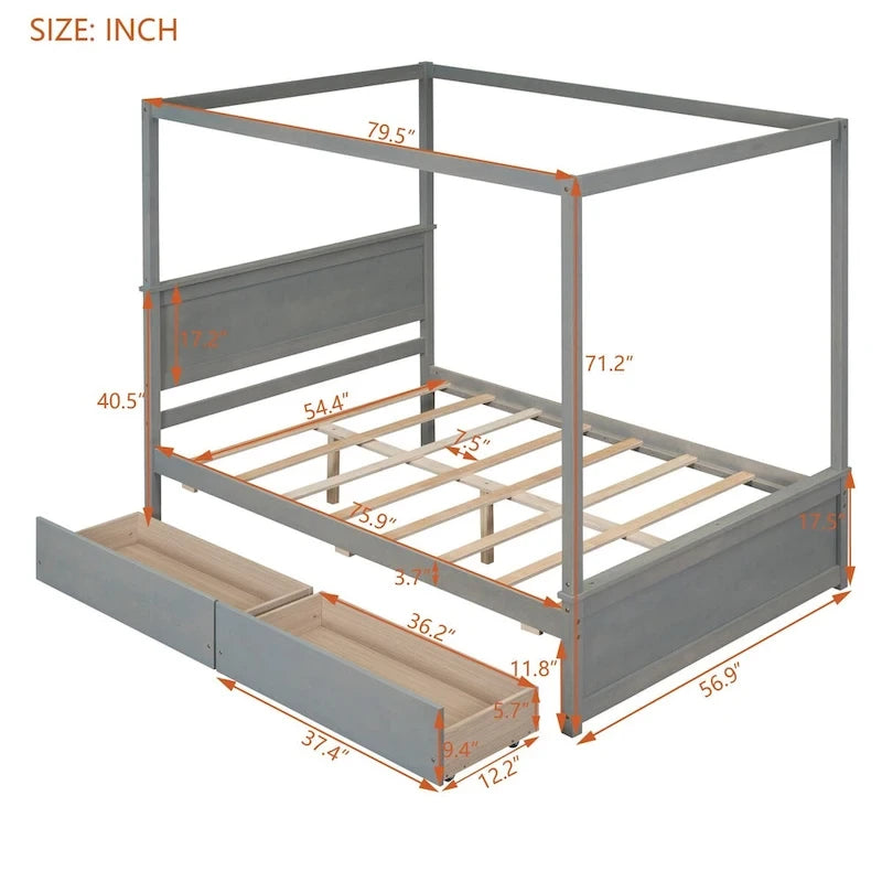 Full Size Wood Canopy Platform bed With Two Drawers