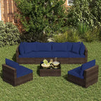 Costway Ensemble de Meubles de Jardin en Rotin 7 Pièces Canapé Modulable Rembourré Marron/Bleu