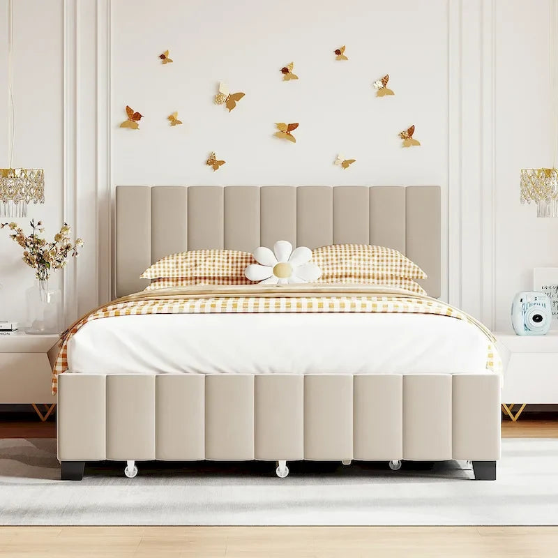 Queen Size Velvet Upholstered Platform Bed with 2 Drawers and 1 Twin XL Trundle