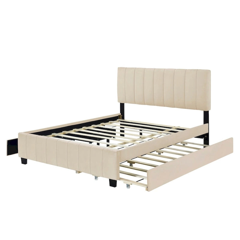 Queen Size Velvet Upholstered Platform Bed with 2 Drawers and 1 Twin XL Trundle
