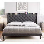 Garvee King Size Bed Frame with Charging Ports & Storage Shelf, Upholstered Platform Bed with Wingback Headboard, No Box Spring Needed, Gray
