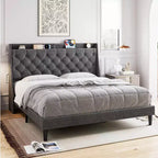 Cadre de lit double King Size Garvee avec ports de charge et étagère de rangement, lit plateforme rembourré avec tête de lit capitonnée, pas besoin de sommier tapissier, gris