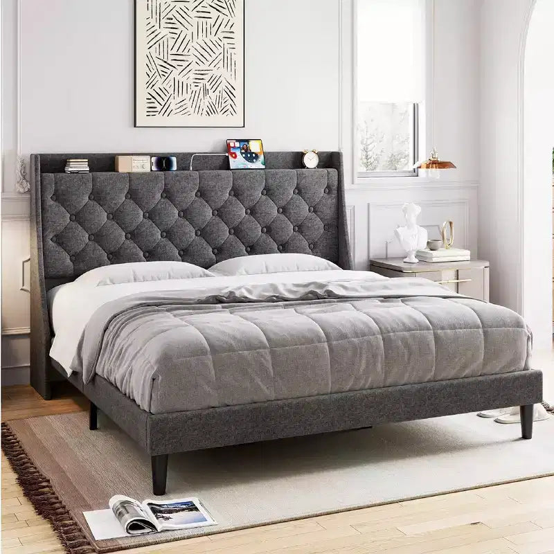 Cadre de lit double King Size Garvee avec ports de charge et étagère de rangement, lit plateforme rembourré avec tête de lit capitonnée, pas besoin de sommier tapissier, gris