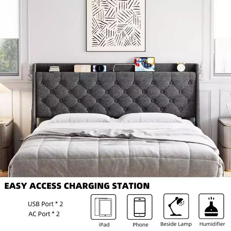 Cadre de lit double King Size Garvee avec ports de charge et étagère de rangement, lit plateforme rembourré avec tête de lit capitonnée, pas besoin de sommier tapissier, gris