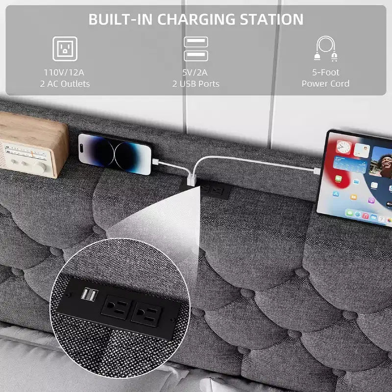 Cadre de lit double King Size Garvee avec ports de charge et étagère de rangement, lit plateforme rembourré avec tête de lit capitonnée, pas besoin de sommier tapissier, gris