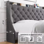 Cadre de lit double King Size Garvee avec ports de charge et étagère de rangement, lit plateforme rembourré avec tête de lit capitonnée, pas besoin de sommier tapissier, gris