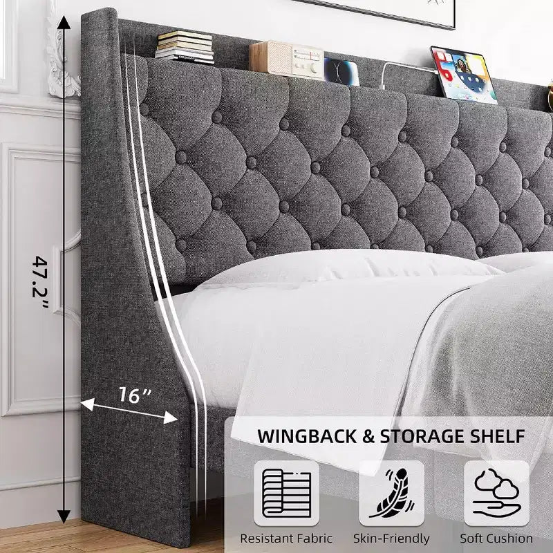 Cadre de lit double King Size Garvee avec ports de charge et étagère de rangement, lit plateforme rembourré avec tête de lit capitonnée, pas besoin de sommier tapissier, gris