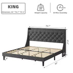 Cadre de lit double King Size Garvee avec ports de charge et étagère de rangement, lit plateforme rembourré avec tête de lit capitonnée, pas besoin de sommier tapissier, gris