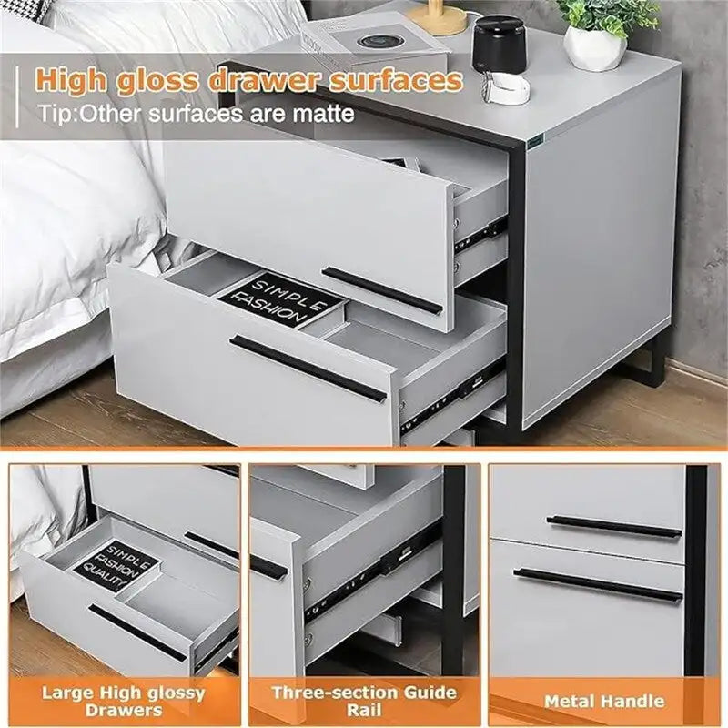 Table de Chevet LED avec 2 Tiroirs Brillants