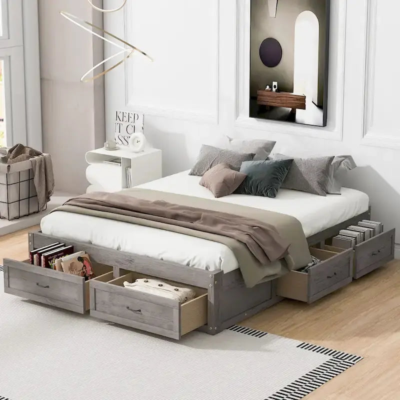Lit plate-forme Queen Size avec 6 tiroirs de rangement