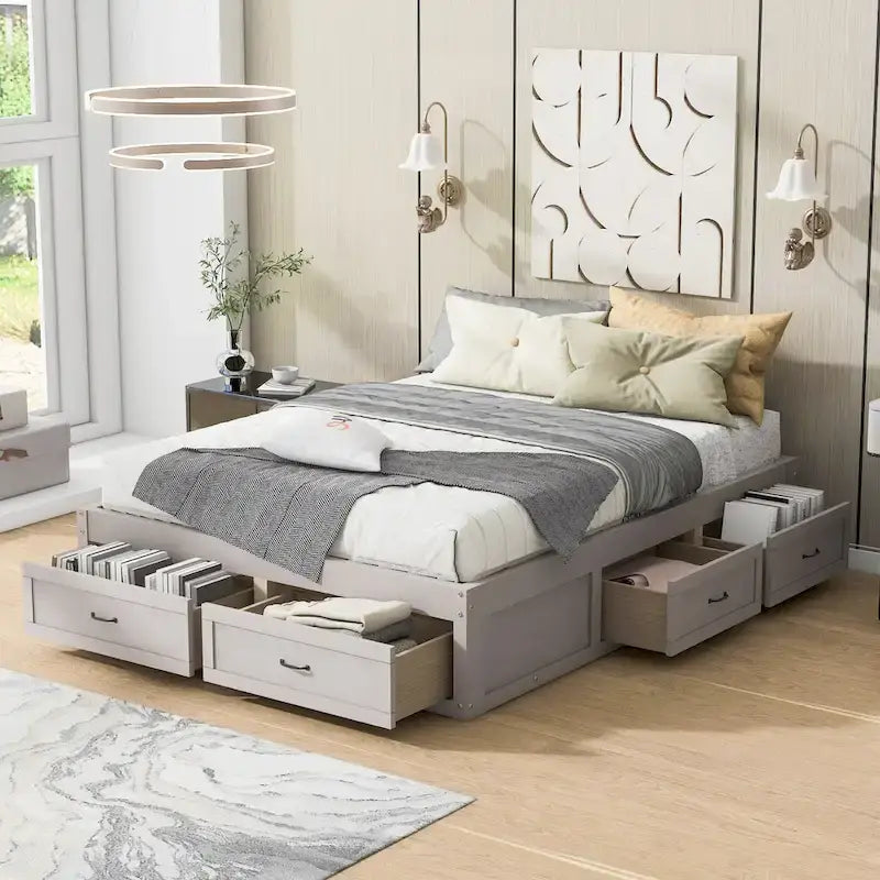 Lit plate-forme Queen Size avec 6 tiroirs de rangement