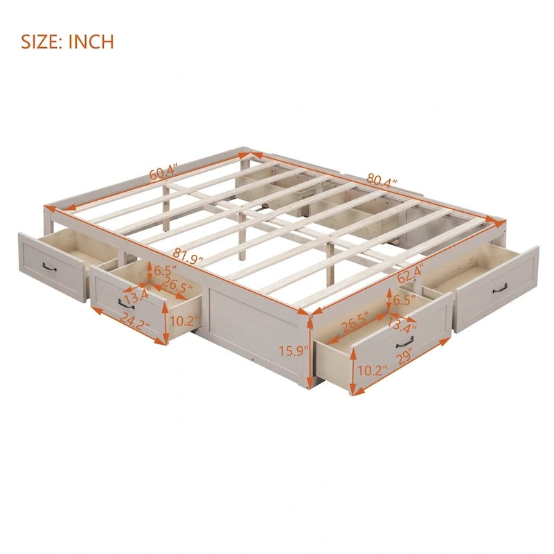 Lit plate-forme Queen Size avec 6 tiroirs de rangement