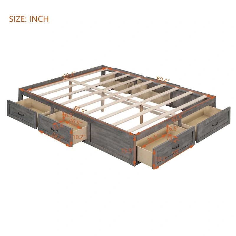 Lit plate-forme Queen Size avec 6 tiroirs de rangement