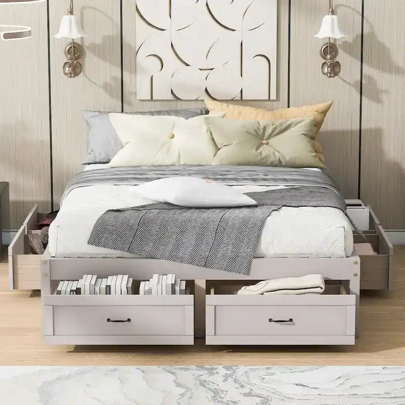 Lit plate-forme Queen Size avec 6 tiroirs de rangement