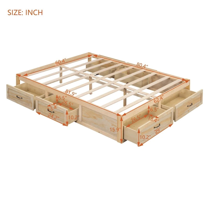 Lit plate-forme Queen Size avec 6 tiroirs de rangement