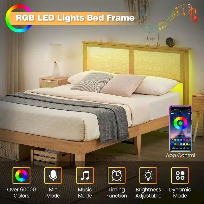 Cadre de lit plateforme moderne en bois avec tête de lit carrée en rotin naturel et lumières LED