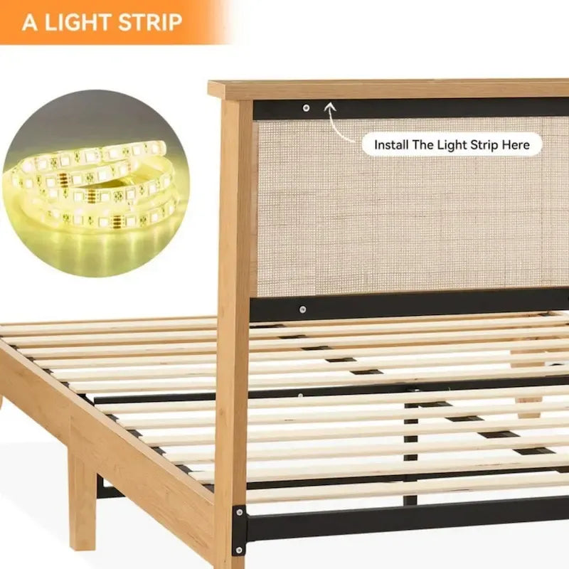 Cadre de lit plateforme moderne en bois avec tête de lit carrée en rotin naturel et lumières LED