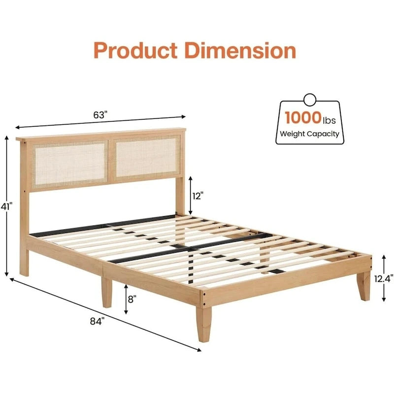 Cadre de lit plateforme moderne en bois avec tête de lit carrée en rotin naturel et lumières LED
