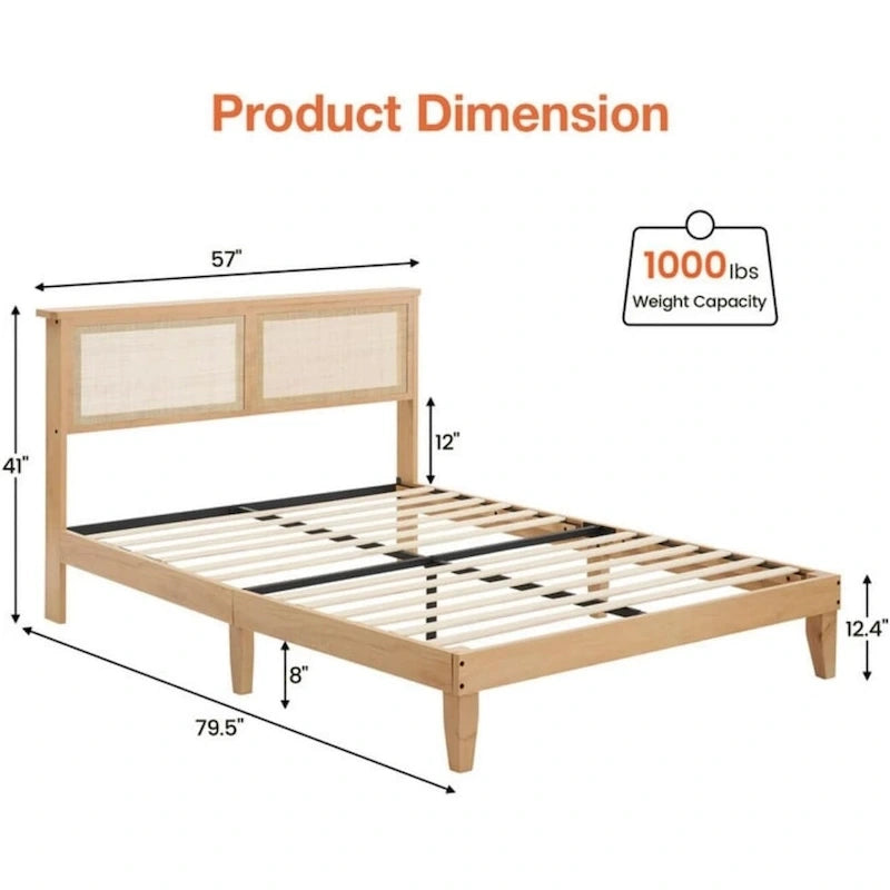 Cadre de lit plateforme moderne en bois avec tête de lit carrée en rotin naturel et lumières LED