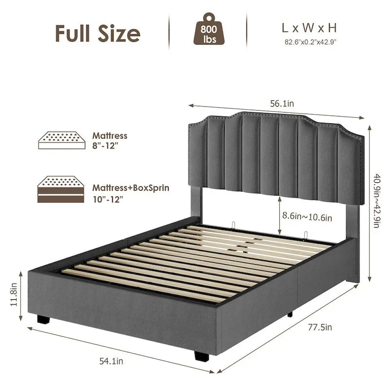 Full Size Velvet Wood Frame Lift Up Platform Bed with Storage