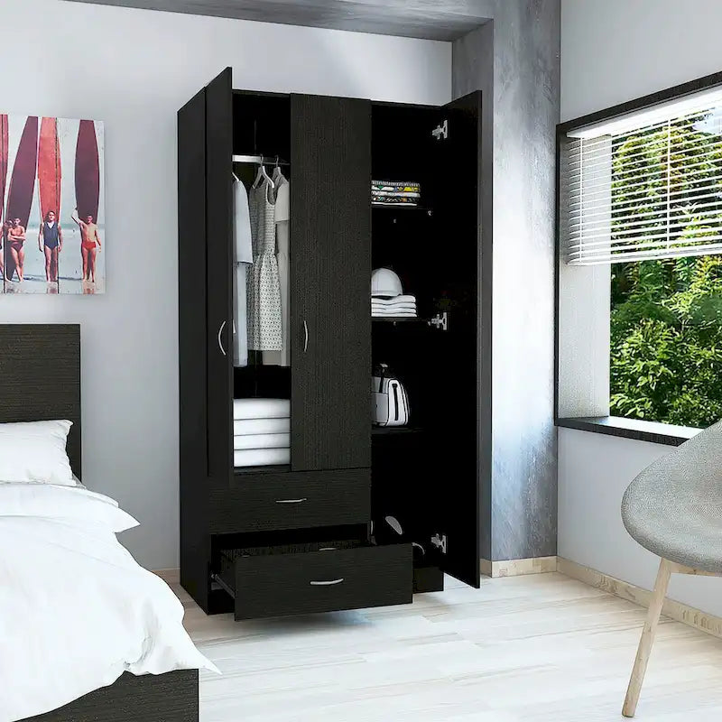 Austral 3 Door Armoire with Drawers, Shelves, and Hanging Rod