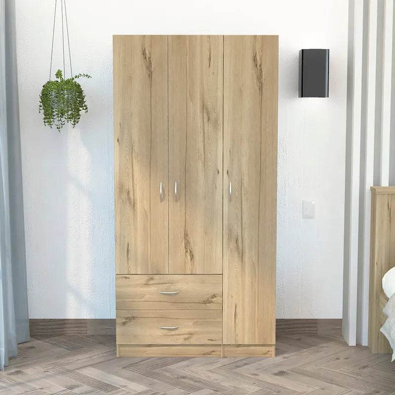 Austral 3 Door Armoire with Drawers, Shelves, and Hanging Rod