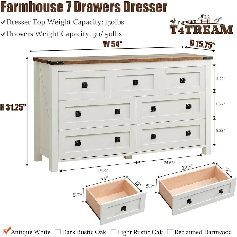 Farmhouse 7 Drawers TV Stand, Chest of Drawers, Dressers Organizer