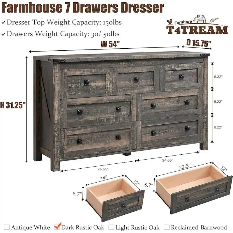Farmhouse 7 Drawers TV Stand, Chest of Drawers, Dressers Organizer
