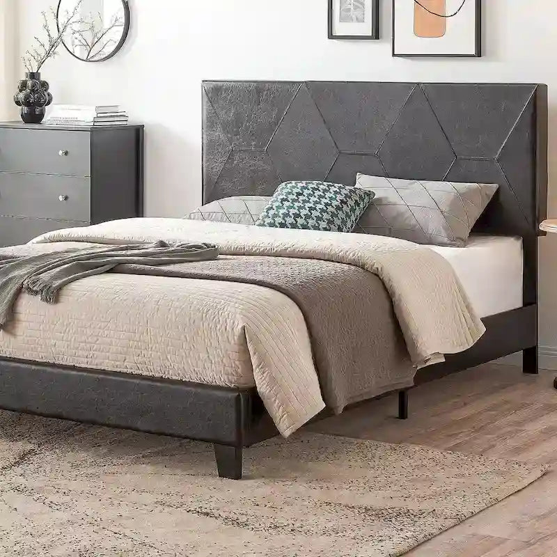 Queen Size Upholstered Platform Bed Frame ,Wood Slat Support, Easy Assembly,Black,PU