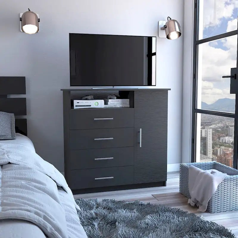 4 Drawer Dresser, Single Door Cabinet, One Open Shelf, Superior Top