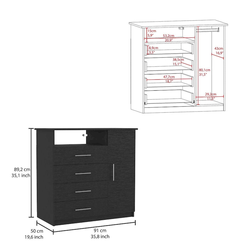 4 Drawer Dresser, Single Door Cabinet, One Open Shelf, Superior Top