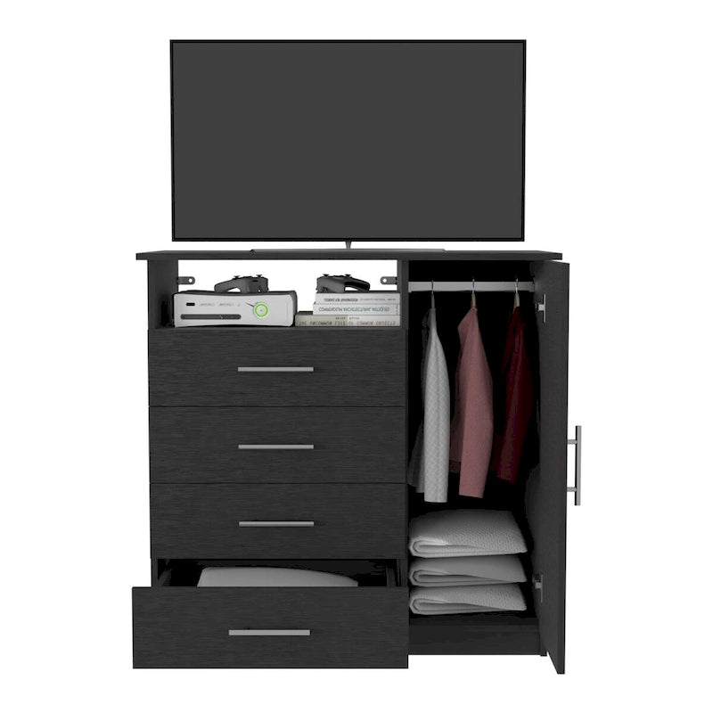 4 Drawer Dresser, Single Door Cabinet, One Open Shelf, Superior Top