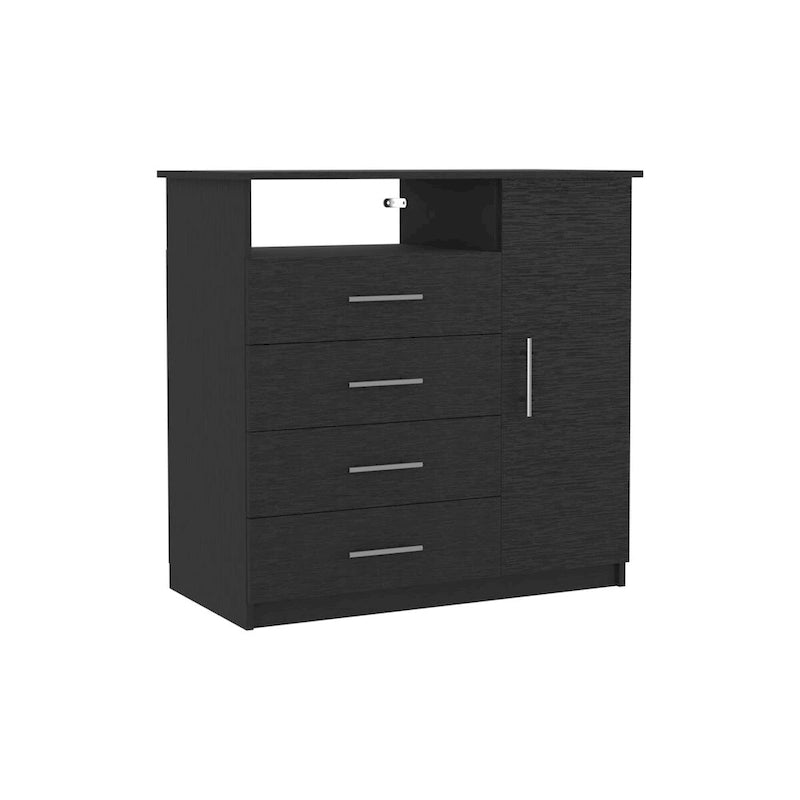 4 Drawer Dresser, Single Door Cabinet, One Open Shelf, Superior Top