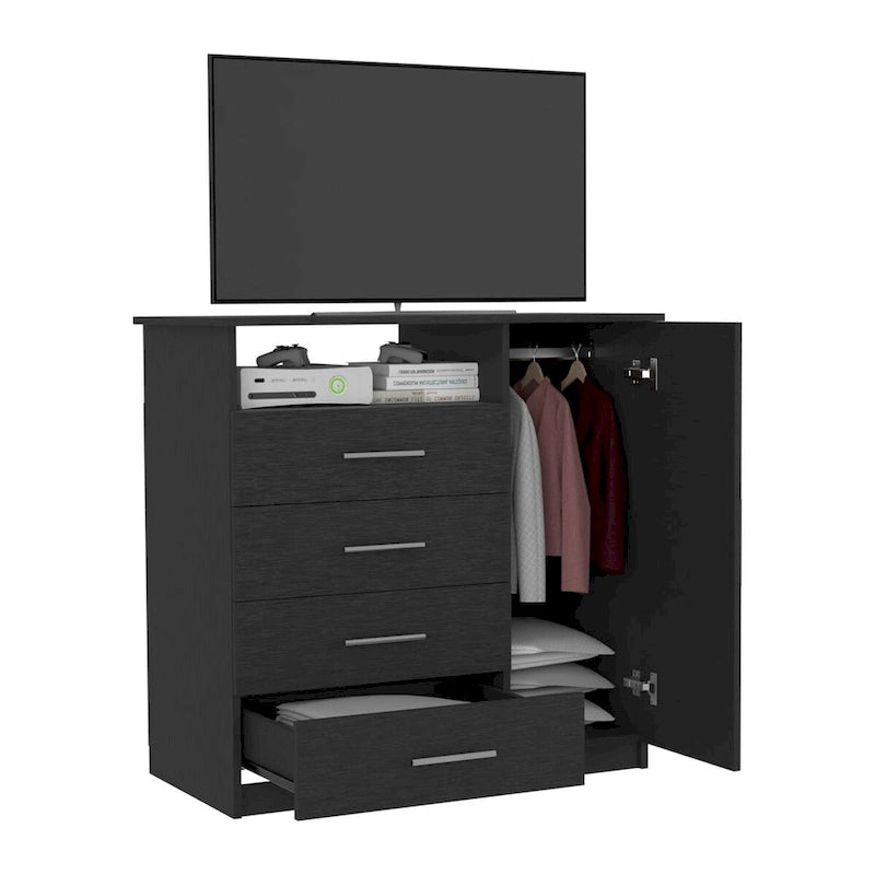 4 Drawer Dresser, Single Door Cabinet, One Open Shelf, Superior Top