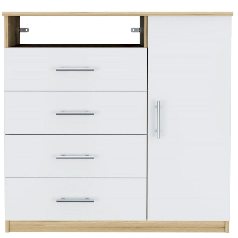 4 Drawer Dresser, Single Door Cabinet, One Open Shelf, Superior Top