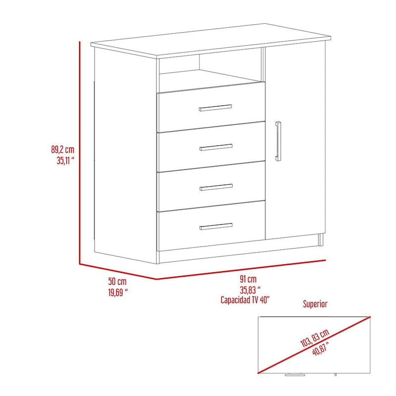4 Drawer Dresser, Single Door Cabinet, One Open Shelf, Superior Top