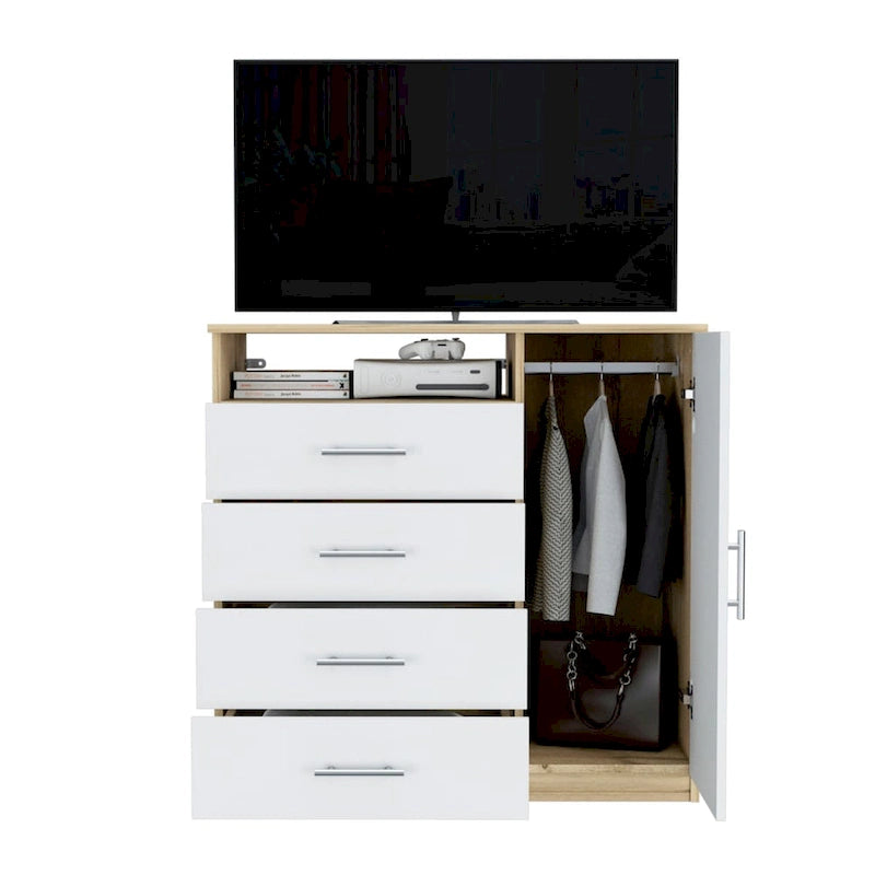 4 Drawer Dresser, Single Door Cabinet, One Open Shelf, Superior Top