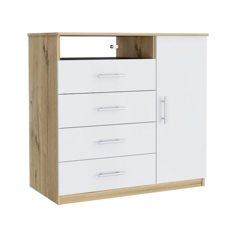 4 Drawer Dresser, Single Door Cabinet, One Open Shelf, Superior Top