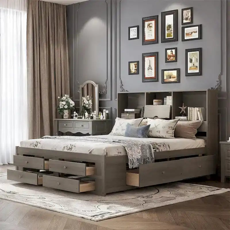 King Size Platform Bed with Storage Headboard and 8 Drawers